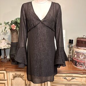 BCBGeneration Black Chiffon Sheer Metallic Bell Sleeve Evening Dress NEW NWT